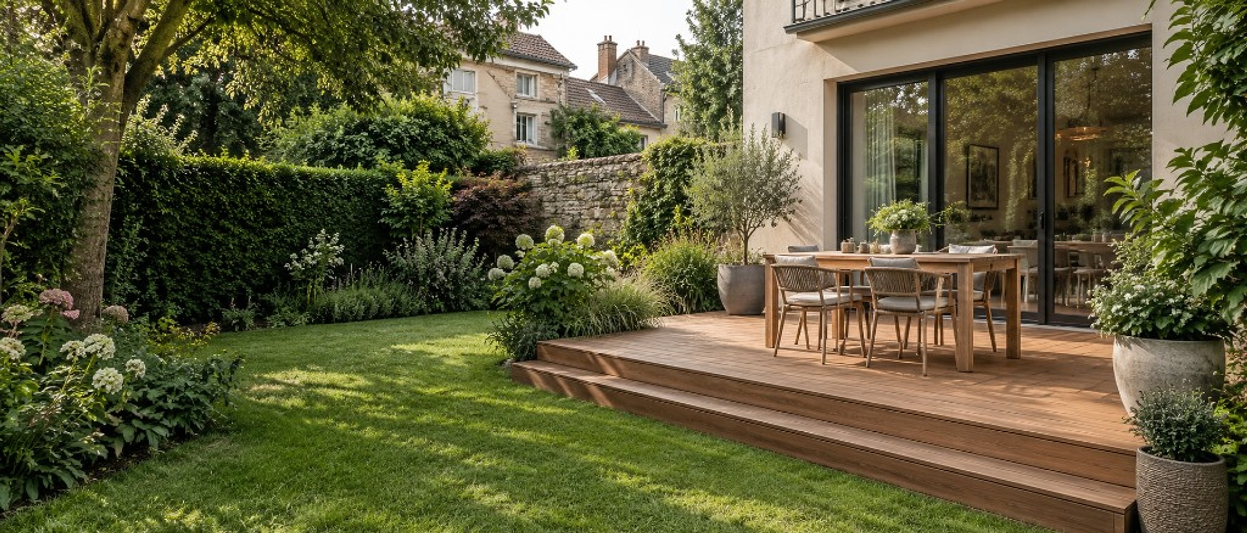 Terrasse bois et jardin aménagé derrière une maison