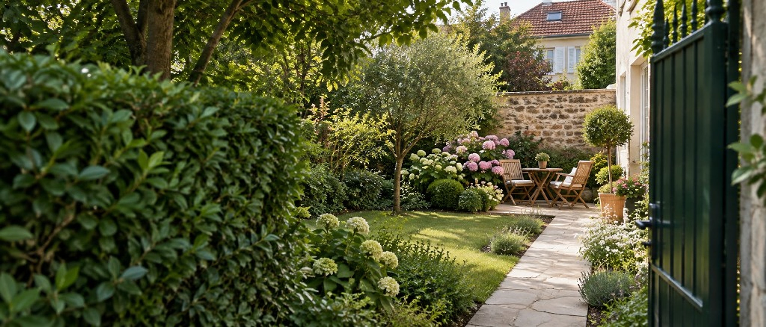 Jardin aménagé avec allée de pierre, salon de jardin et massifs fleuris
