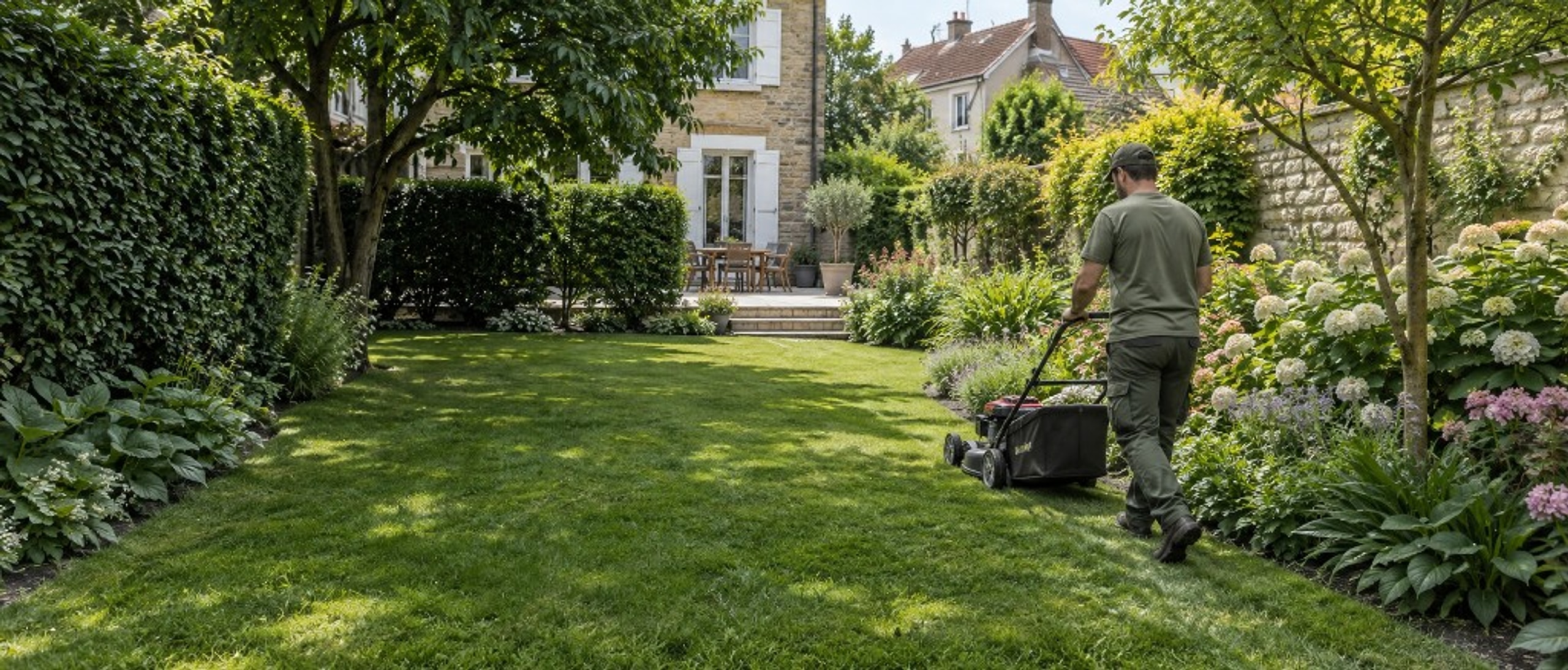 Entretien de pelouse dans un jardin de ville